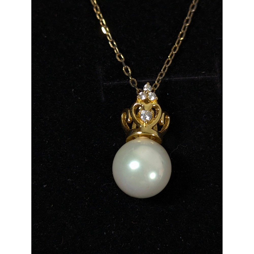 Gold Tone Faux Pearl Rhinestone Pendant Necklace Classic Bridal 18"